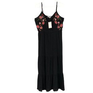 Fourteenth Place Black Floral Embroidered Spaghetti Straps Midi Dress Size L NEW